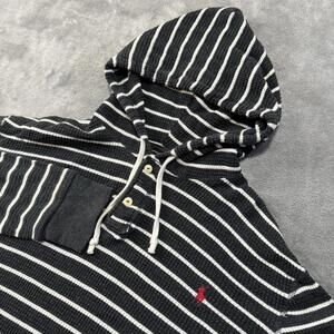 Polo Ralph Lauren Hoodie Mens L Thermal Waffle Knit Pony Gray White Striped